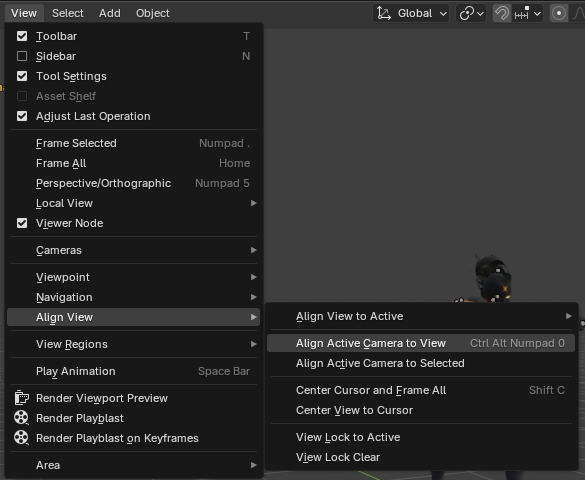 The View > Align View menu with Align Active Camera to View highlighted
