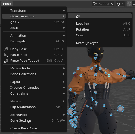 The Pose menu with Clear Transform > All highlighted