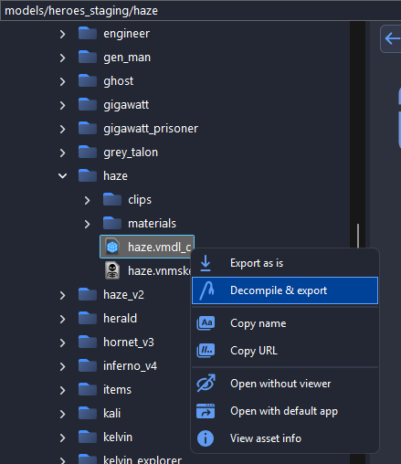 Context menu of haze.vmdl_c with Decompile & export highlighted
