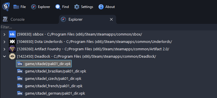 Explorer with Deadlock expanded and game/citadel/pak01_dir.vpk selected