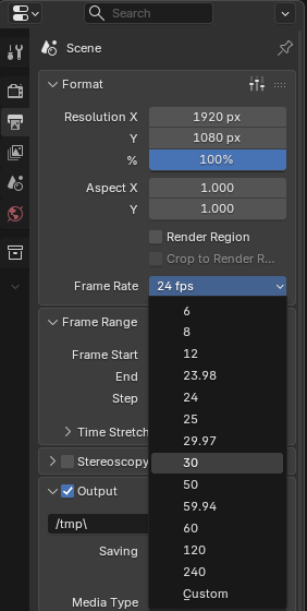 Output properties with the Frame Rate list open and 30 highlighted