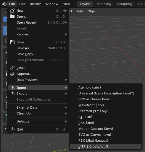Blender's File > Import menu with glTF 2.0 highlighted
