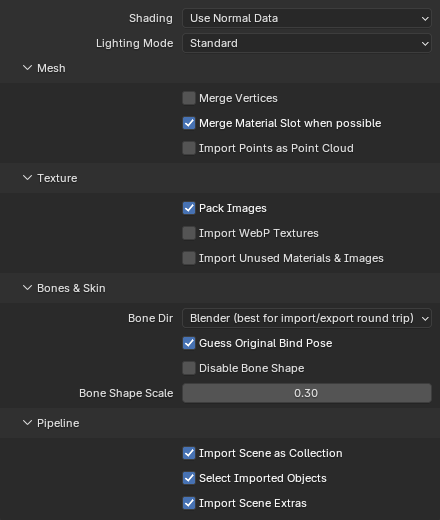 Import options with Bone Dir Blender and Bone Shape Scale 0.30