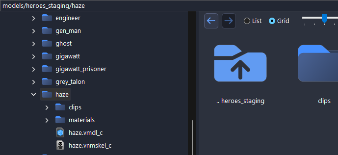 The box above the tree reading models/heroes_staging/haze, and the haze folder expanded with haze.vmdl_c