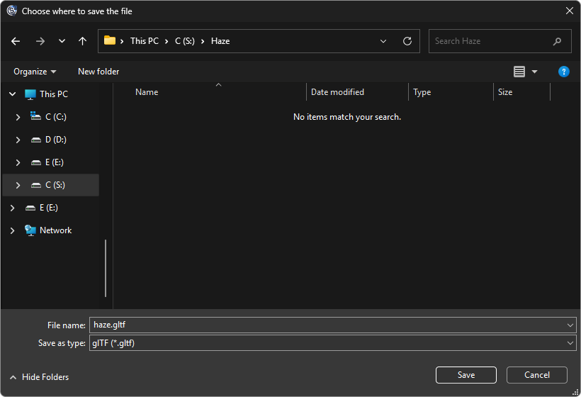 Save dialog with Save as type set to glTF and the file name haze.gltf