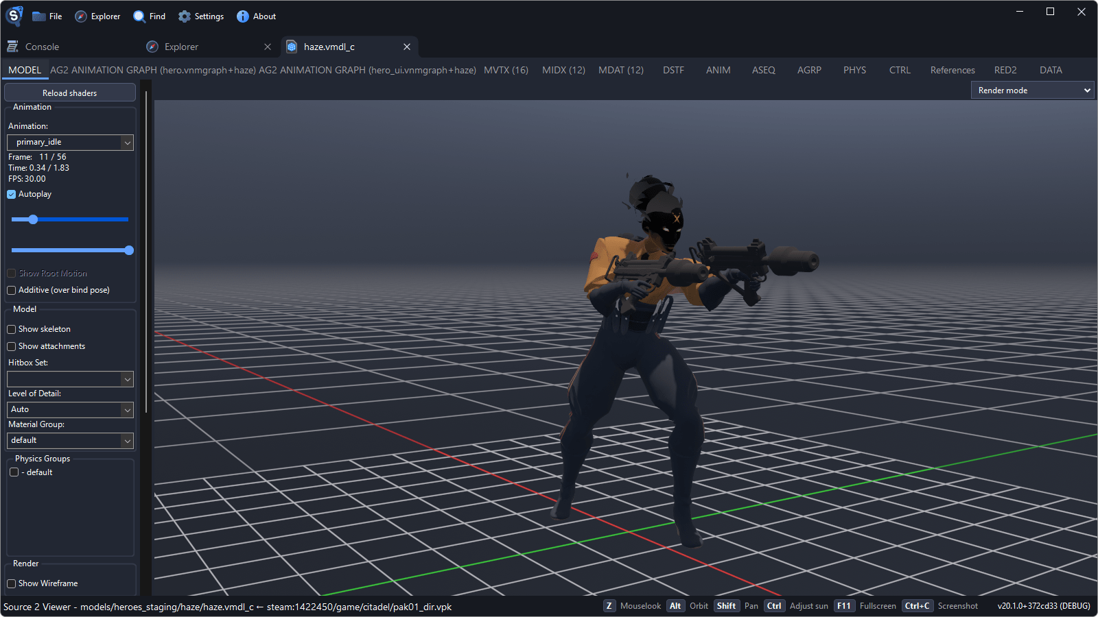 Haze in a model tab playing primary_idle, with the sidebar on the left