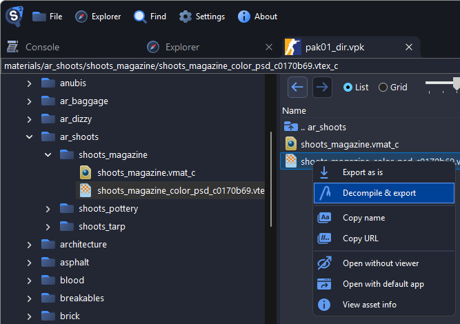 Context menu on the magazine cover texture with Decompile & export highlighted