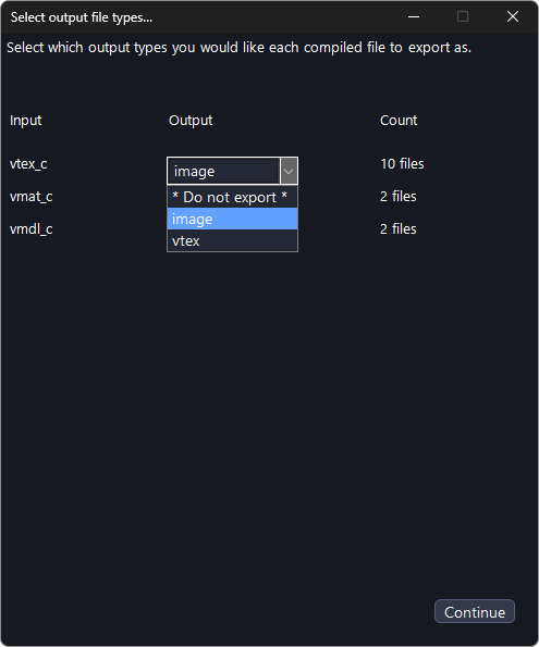 Select output file types window for the ak47 folder, with the list for vtex_c open, showing Do not export, image and vtex
