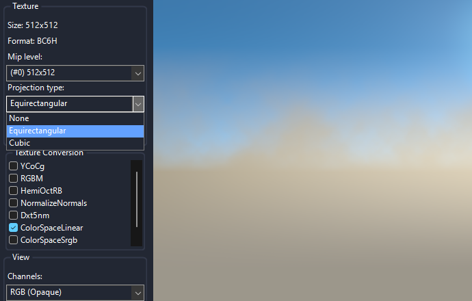 The Projection type list of the Dust II sky, open with Equirectangular highlighted, next to the sky as a panorama