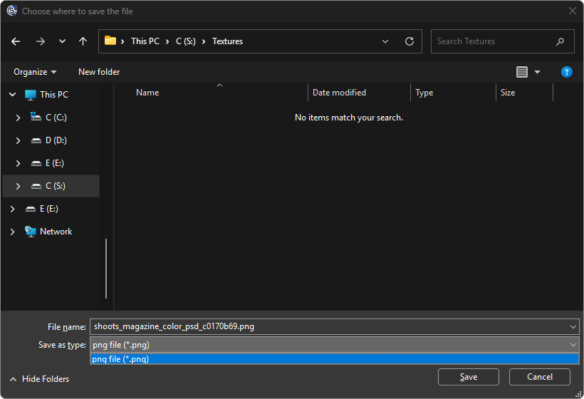 The save dialog in a folder named Textures, with the file name shoots_magazine_color_psd_c0170b69.png and the Save as type list open, showing png file