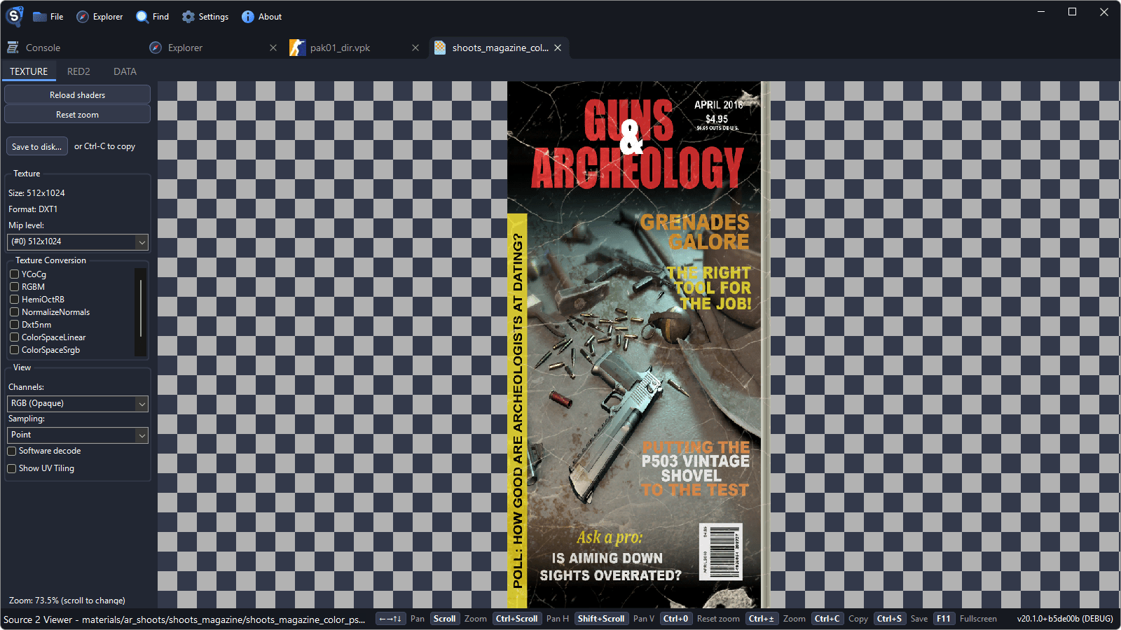 The texture viewer showing the magazine cover, with the sidebar on the left