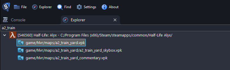 Explorer filtered to a2_train, showing the Half-Life: Alyx map packages that match