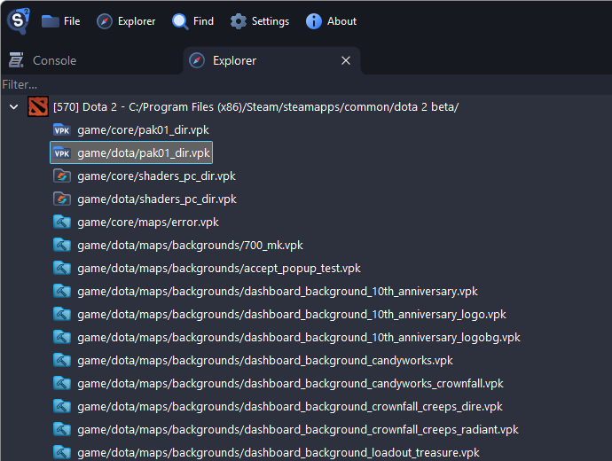 Explorer with Dota 2 expanded, showing its main, shader and map packages