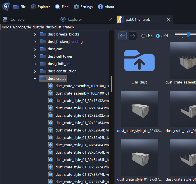 Counter-Strike 2's main package in grid view, showing thumbnails of the crate models in a folder