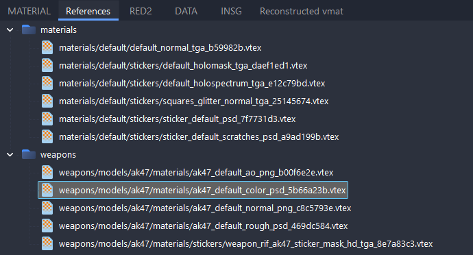 The References tab of the AK-47 material, listing its textures, with ak47_default_color_psd_5b66a23b.vtex selected