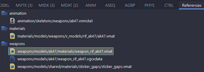 The References tab of the AK-47 model, listing its skeleton, its three materials and a vgcxdata file, with weapons/models/ak47/materials/weapon_rif_ak47.vmat selected