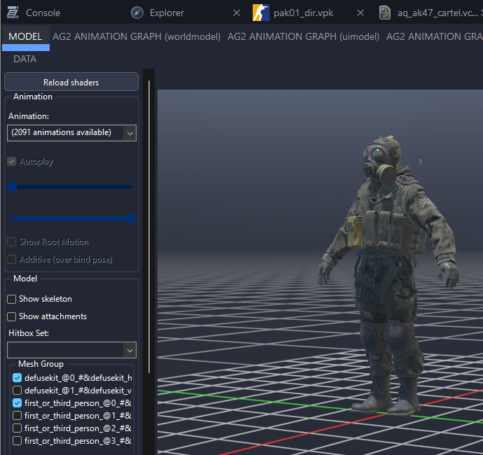 The agent ctm_sas_variantf in a model tab, with its animations in the Animation list and its mesh groups in the Mesh Group list