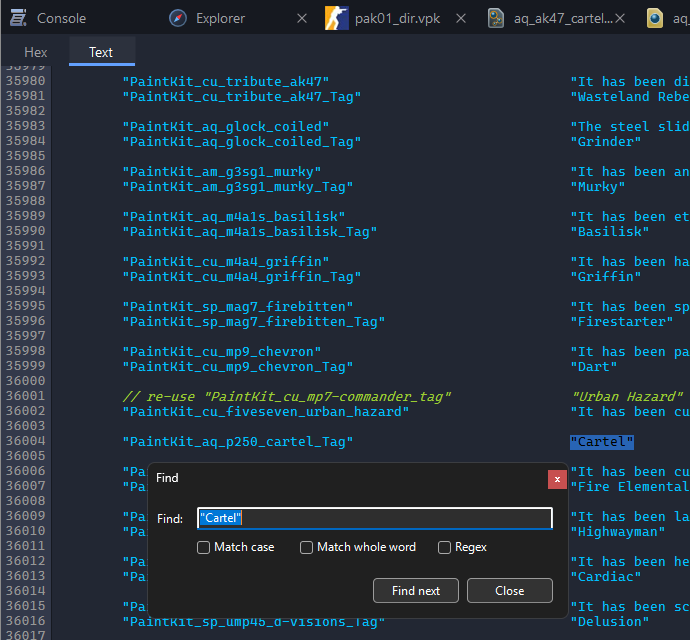 csgo_english.txt with the Find window searching for "Cartel", and the line PaintKit_aq_p250_cartel_Tag "Cartel" found