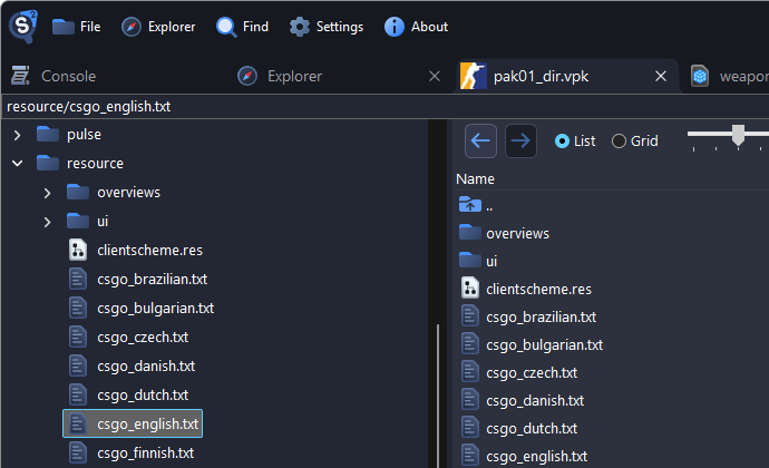 The box above the tree reading resource/csgo_english.txt, and csgo_english.txt selected in the resource folder