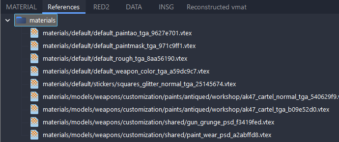 The References tab of aq_ak47_cartel.vmat_c, listing default textures and the ak47_cartel and ak47_cartel_normal textures in materials/models/weapons/customization/paints/antiqued/workshop