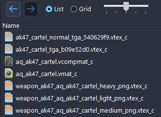 Search results for ak47_cartel: the two ak47_cartel textures, aq_ak47_cartel.vcompmat_c, aq_ak47_cartel.vmat_c and the heavy, light and medium inventory icons