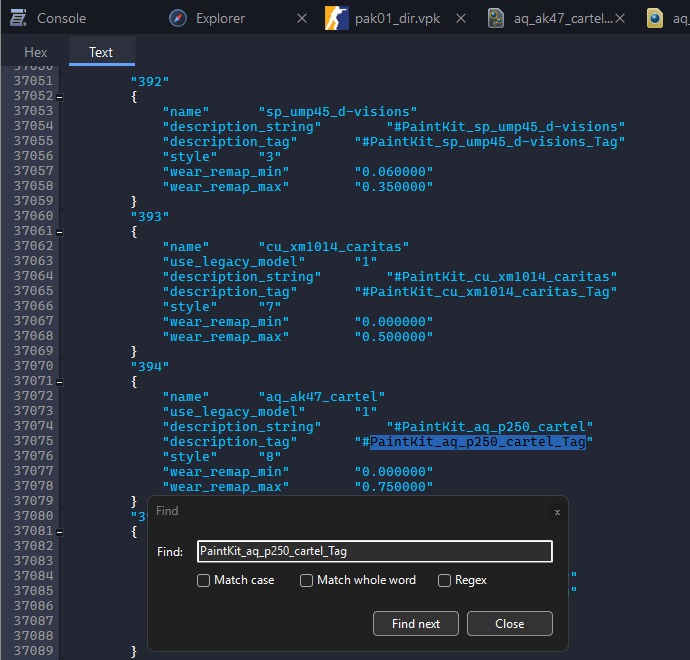 items_game.txt with the Find window searching for PaintKit_aq_p250_cartel_Tag, and the paint kit entry 394 found, whose name is aq_ak47_cartel