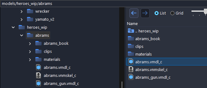 The box above the tree reading models/heroes_wip/abrams, with abrams.vmdl_c selected in the folder
