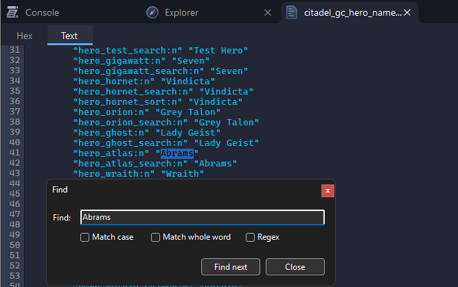 citadel_gc_hero_names_english.txt open in Source 2 Viewer, with the Find window searching for Abrams and the line "hero_atlas:n" "Abrams" found
