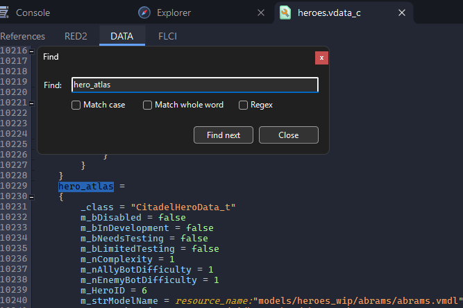 The DATA tab of heroes.vdata_c with the Find window searching for hero_atlas, and the entry's m_strModelName line reading models/heroes_wip/abrams/abrams.vmdl