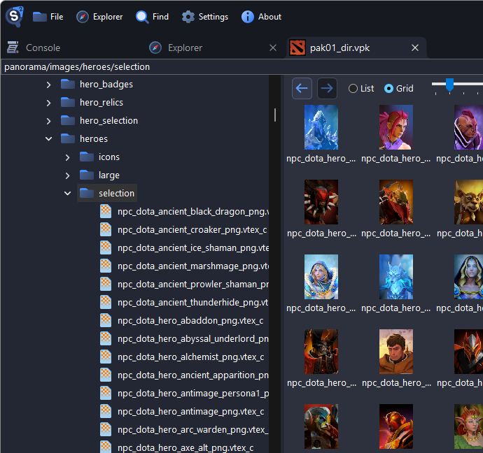 The package tab at panorama/images/heroes/selection in grid view, scrolled to thumbnails of hero portraits, and the heroes folder in the tree with its icons, large and selection folders