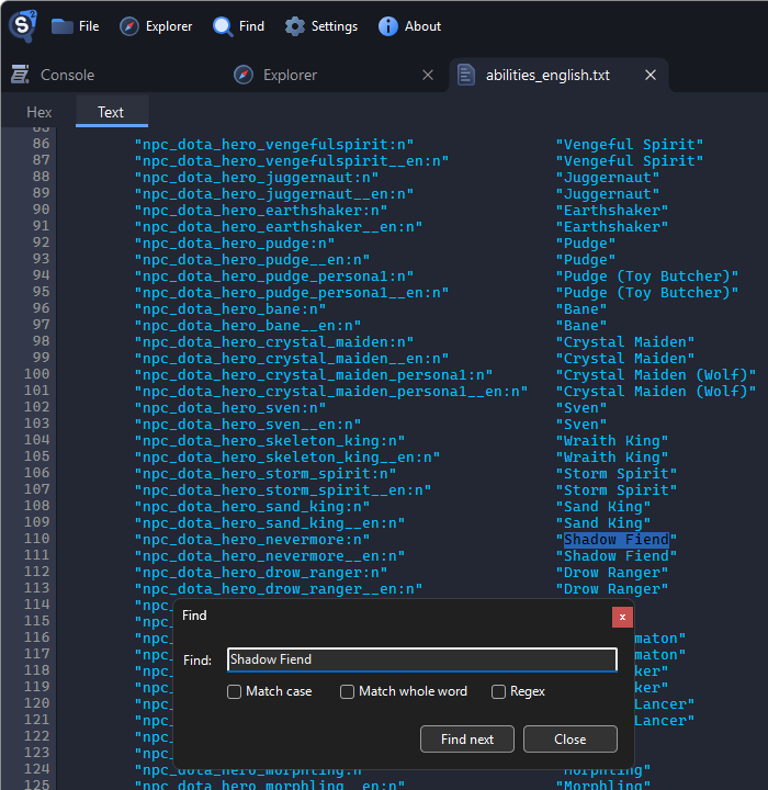 abilities_english.txt open in Source 2 Viewer, with the Find window searching for Shadow Fiend and the line "npc_dota_hero_nevermore:n" "Shadow Fiend" found