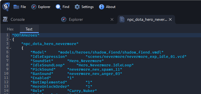 npc_dota_hero_nevermore.txt open in Source 2 Viewer, with the line "Model" "models/heroes/shadow_fiend/shadow_fiend.vmdl" near the top