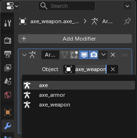 The Modifiers tab of Axe's weapon in Blender, with the Object list of its Armature modifier open and the hero's armature axe highlighted above axe_armor and axe_weapon