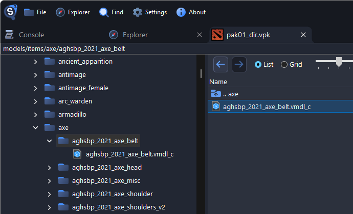 The box above the tree reading models/items/axe/aghsbp_2021_axe_belt, with aghsbp_2021_axe_belt.vmdl_c selected in the folder