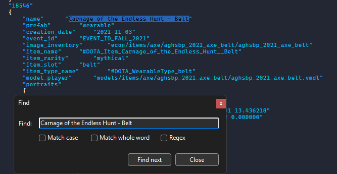 The entry of item 18546 in items_game.txt, with the Find window searching for Carnage of the Endless Hunt - Belt and its name line found, above its image_inventory, item_name, item_slot and model_player lines