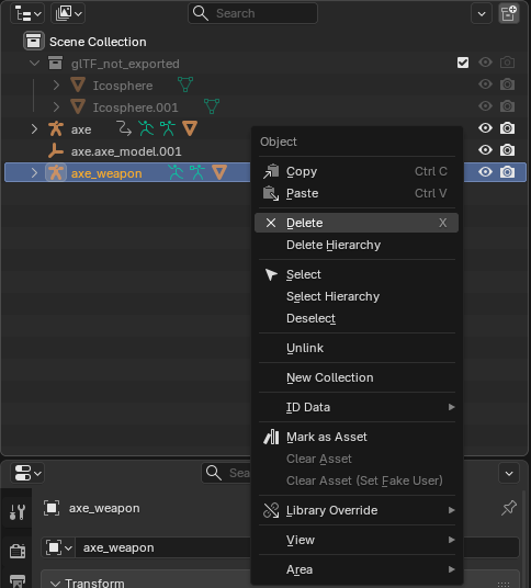 The Outliner with the item's armature axe_weapon selected and its context menu open, with Delete highlighted