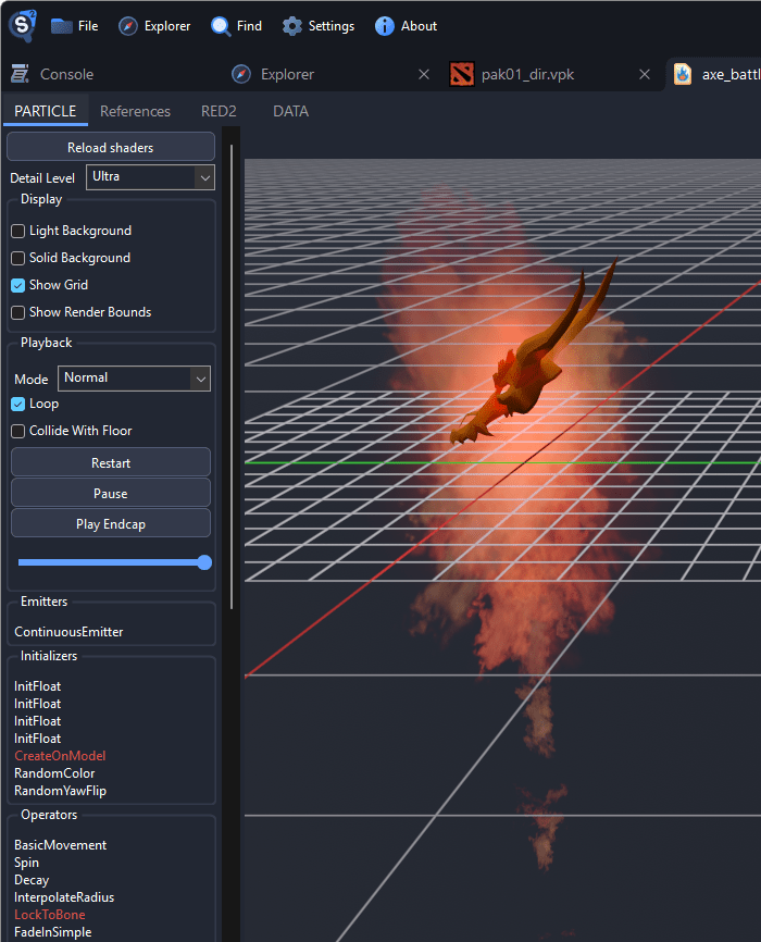 The particle tab of axe_battle_hunger.vpcf_c, with the burning skull of Battle Hunger, and the sidebar listing the functions of the effect, some of them in red