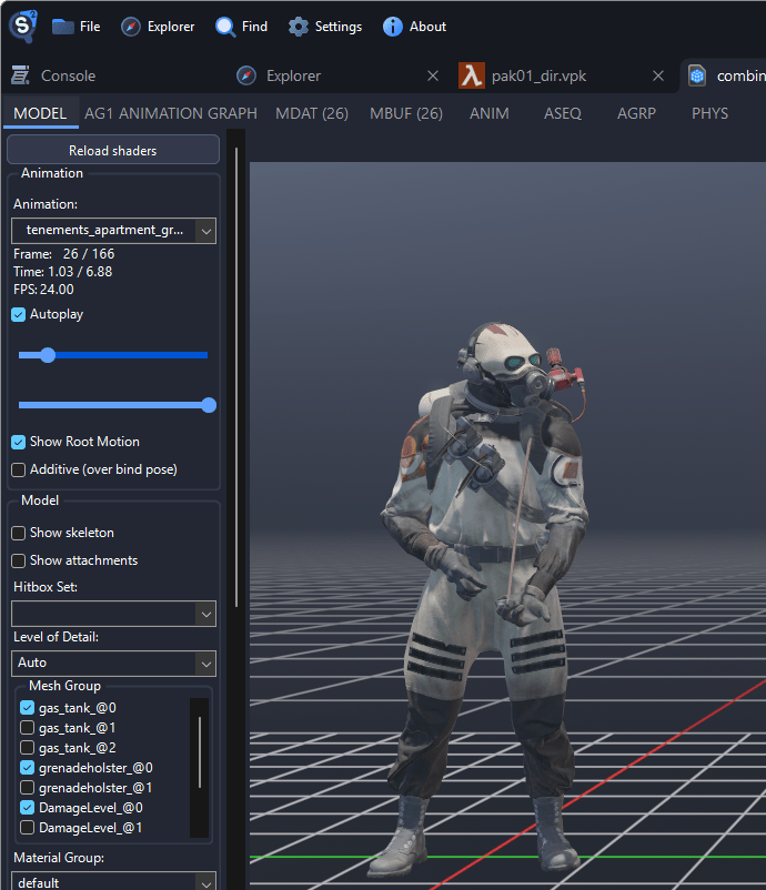 The Combine grunt in a model tab playing an idle animation, with the Mesh Group list in the sidebar showing gas_tank_@0 and grenadeholster_@0 ticked