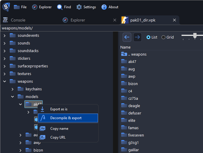 Context menu on the ak47 folder with Decompile & export highlighted
