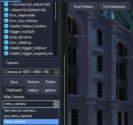 The Tool Entities button in the toolbar and the Camera group with a saved camera and the Map Camera list open with intro_camera highlighted
