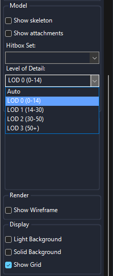 The Level of Detail list of the model sidebar, open with LOD 0 highlighted, above the Render and Display groups