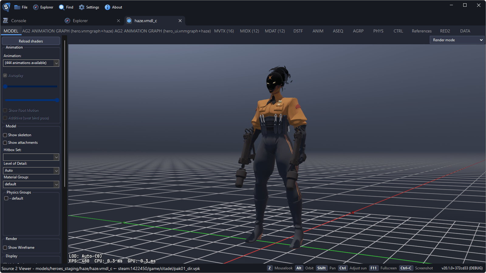 Haze in the model viewer of Source 2 Viewer, with the 3D view on the right and the shortcut bar at the bottom