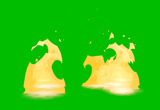 The copy of the fireplace fire particle system on a flat green background