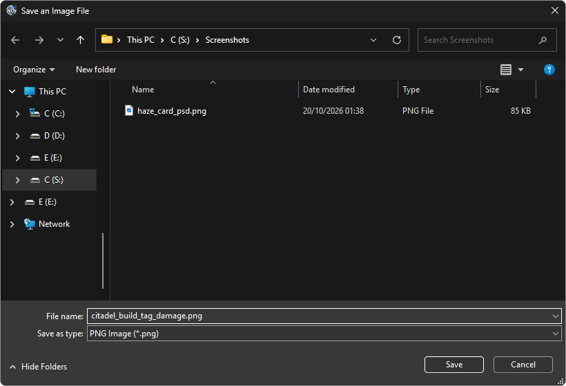 The Save an Image File dialog with the file name citadel_build_tag_damage.png and PNG Image as the only file type
