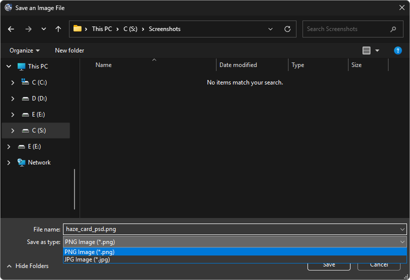 The Save an Image File dialog in a folder named Screenshots, with the file name haze_card_psd.png and the Save as type list open showing PNG Image and JPG Image