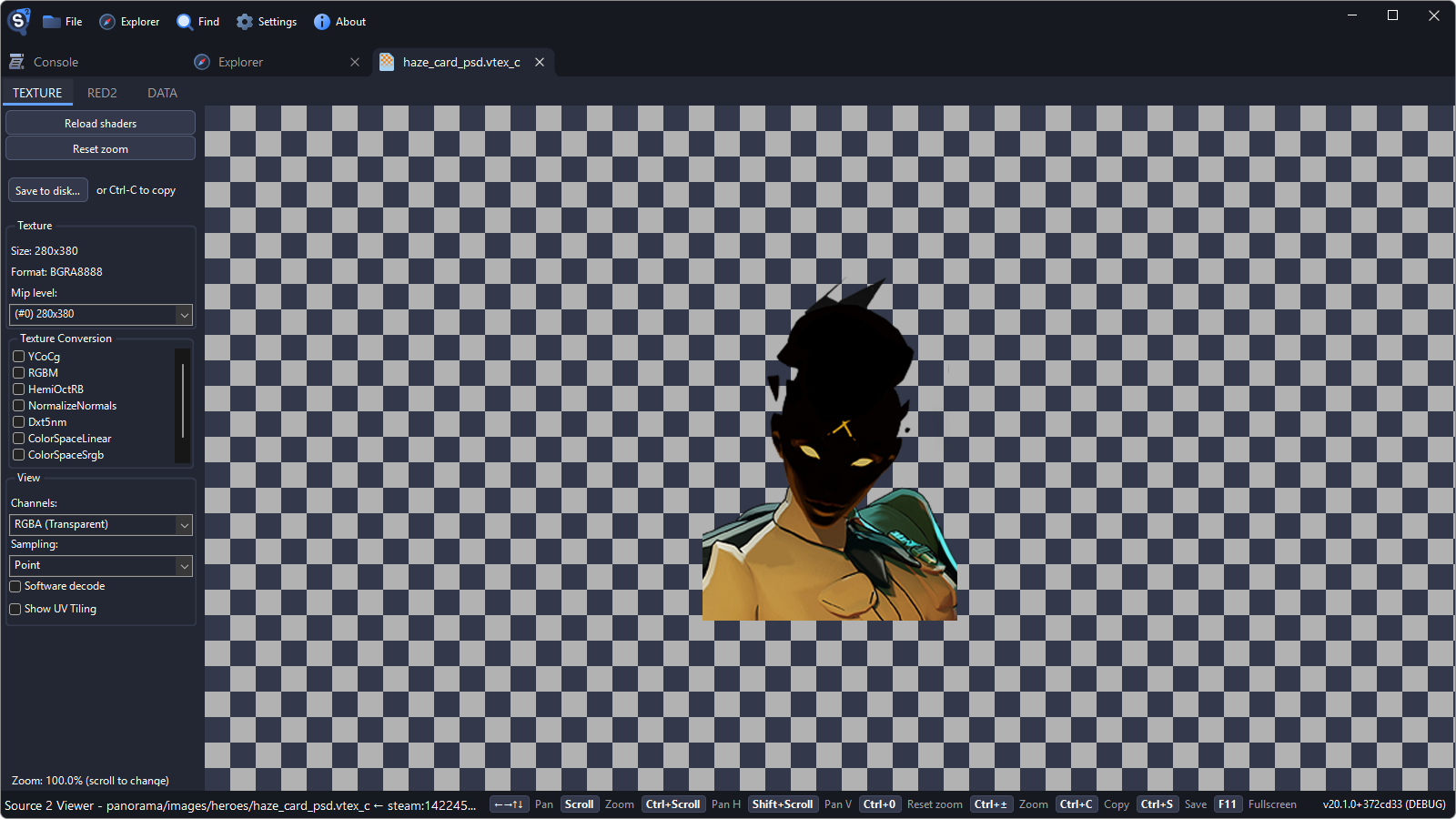 The texture viewer showing Haze's hero card on a checkerboard, with Channels set to RGBA (Transparent) in the sidebar