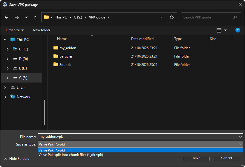 Save VPK package dialog