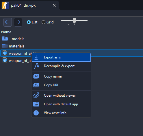 Export as is in the context menu