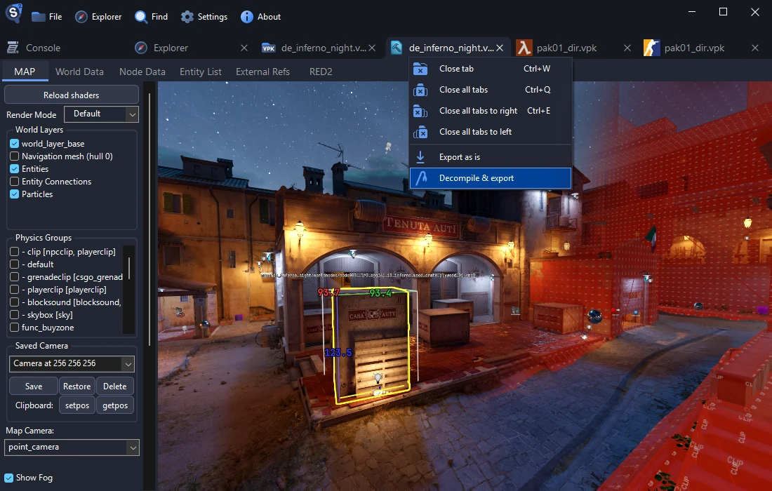 Screenshot of Source 2 Viewer displaying a 3D rendered map of Inferno Night with detailed lighting and textures