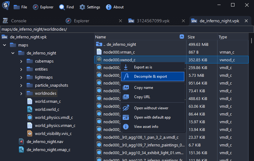 Screenshot showing the VPK package explorer interface with a file tree and a list view